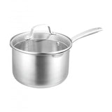 Pyrolux Radius 85 18cm saucepan with tempered glass lid, dual straining holes, and cool stainless steel handles for versatile cooking.