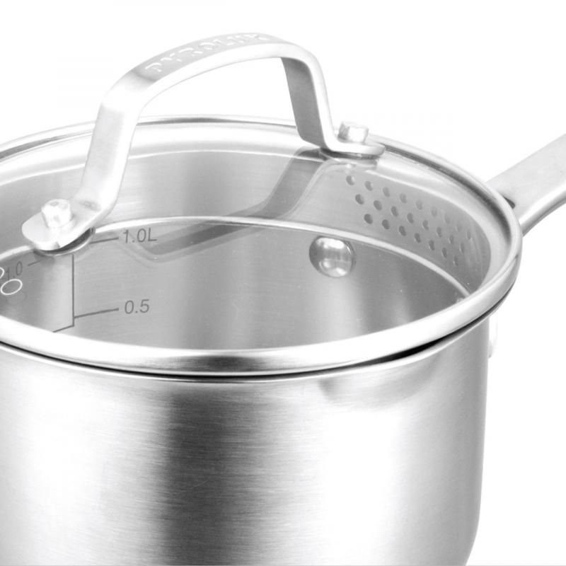 Pyrolux Radius 85 Saucepan: 18cm/2.5L stainless steel pot with a glass lid, dual straining holes, and cool-touch handles.