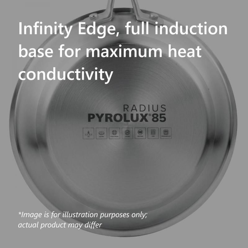 Pyrolux Radius 85 Saucepan, 18cm/2.5L in stainless steel with tempered glass lid, dual straining holes, and cool handles.