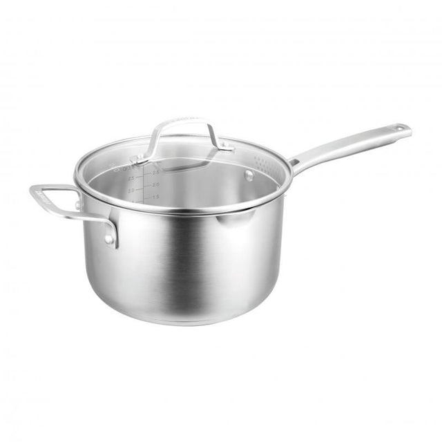 Premium 20cm Pyrolux Radius 85 saucepan with tempered glass lid, twin straining holes, and ergonomic handles for versatile cooking.