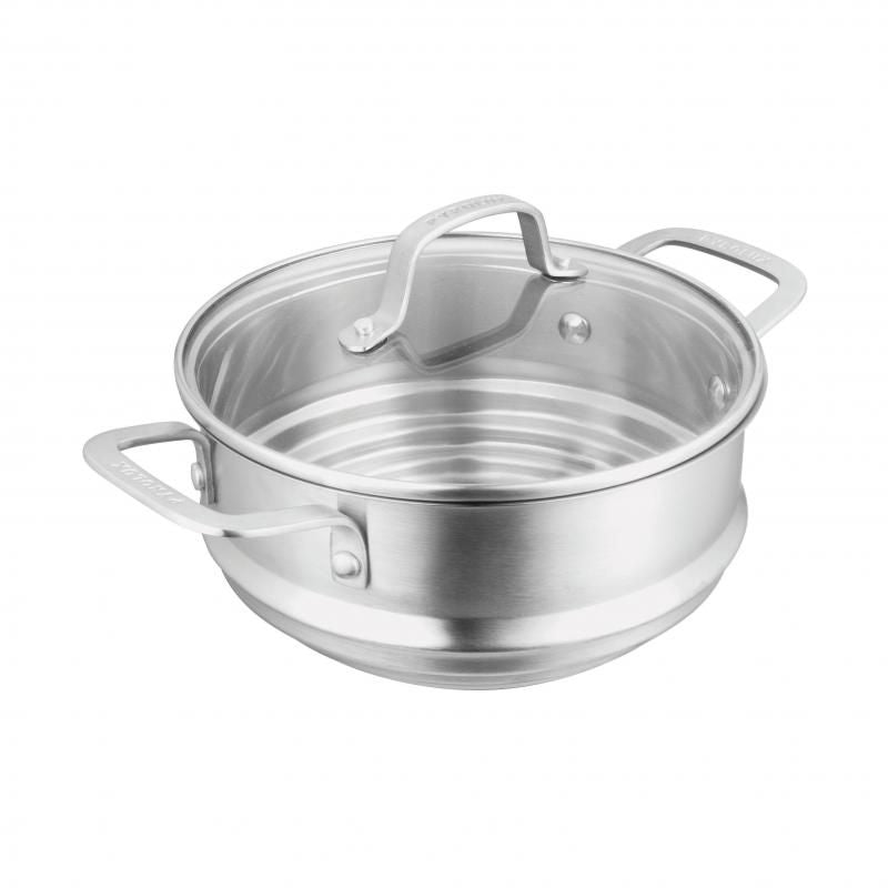 Stainless steel multi steamer insert with glass lid, fits 16/18/20cm pans, perfect for healthy cooking.