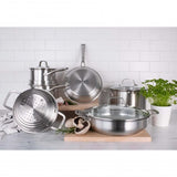 High-quality stainless steel multi steamer insert with a tempered glass lid, compatible with 16, 18, and 20 cm pans.