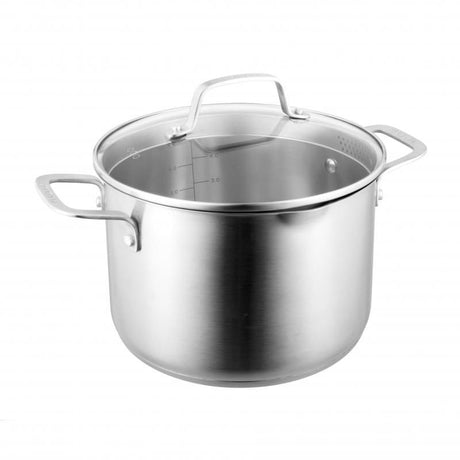 Pyrolux Radius 85 stockpot with tempered glass lid, dual strainers, and durable stainless steel construction in satin finish.