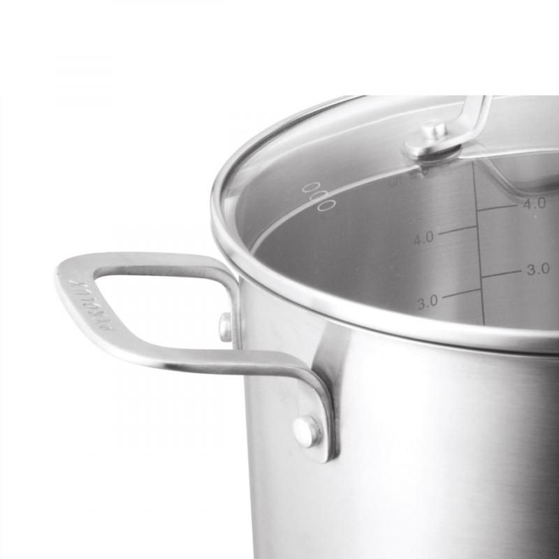 Pyrolux Radius 85 Stockpot 22cm, durable stainless steel with tempered glass lid and dual strainers for versatile cooking.