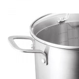 Pyrolux Radius 85 Stockpot 22cm, durable stainless steel with tempered glass lid and dual strainers for versatile cooking.