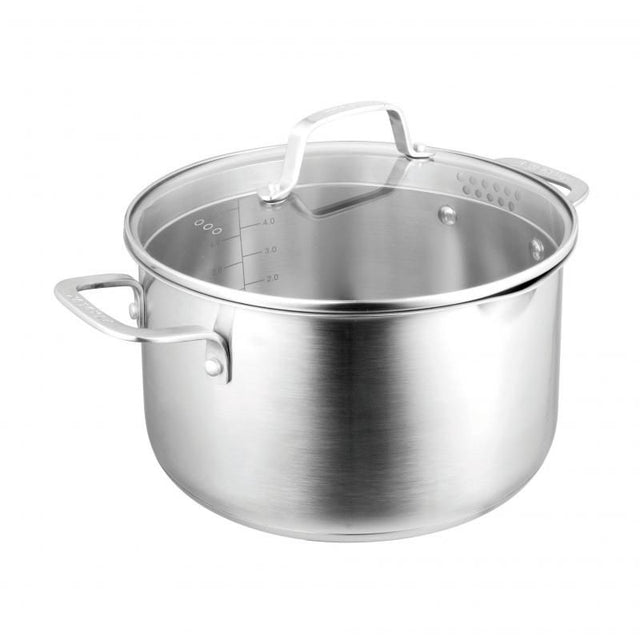 Pyrolux Radius 85 Casserole, 24cm stainless steel pot with tempered glass lid and dual spouts for easy straining and pouring.