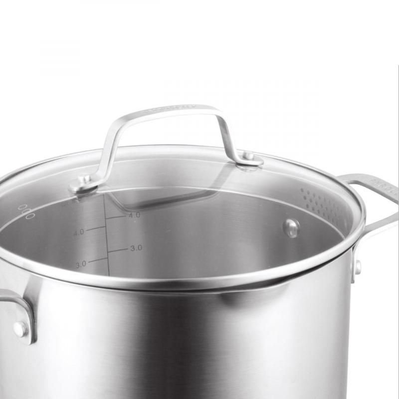 Pyrolux Radius 85 Casserole in stainless steel, 24cm, with straining lid, twin pouring spouts, and durable design for versatile cooking.