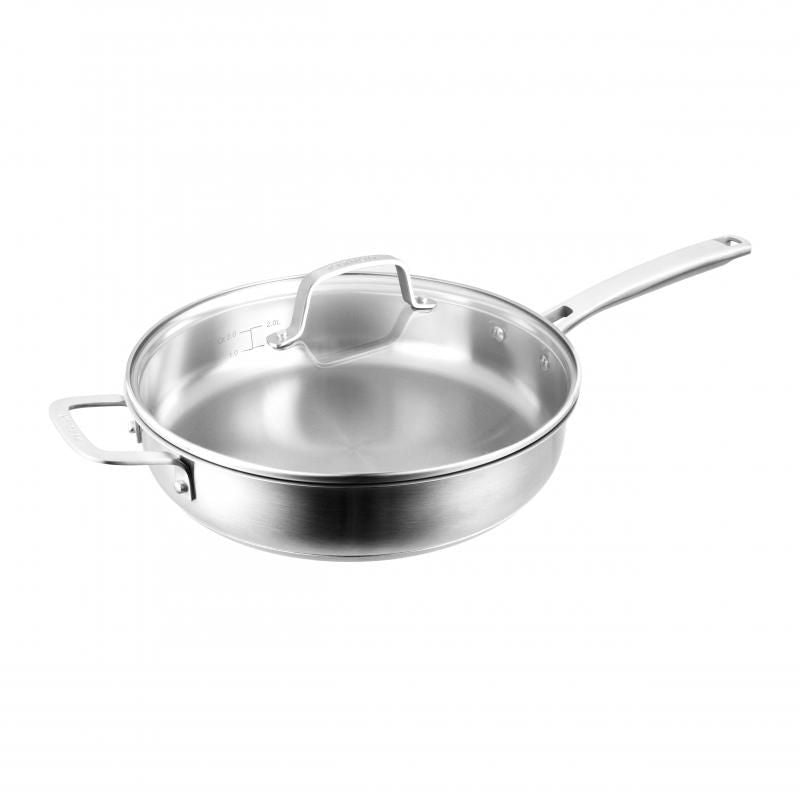 Premium 28cm Pyrolux Radius 85 Sauté Pan with helper handle, tempered glass lid, and durable stainless steel design.