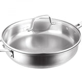 Stainless steel 28cm sauté pan with helper handle, tempered glass lid, and durable rust-proof design for versatile cooking.