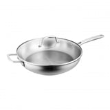 Pyrolux Radius 85 sauté pan with helper handle, 32cm stainless steel, shatterproof lid, even heat distribution, and modern design.