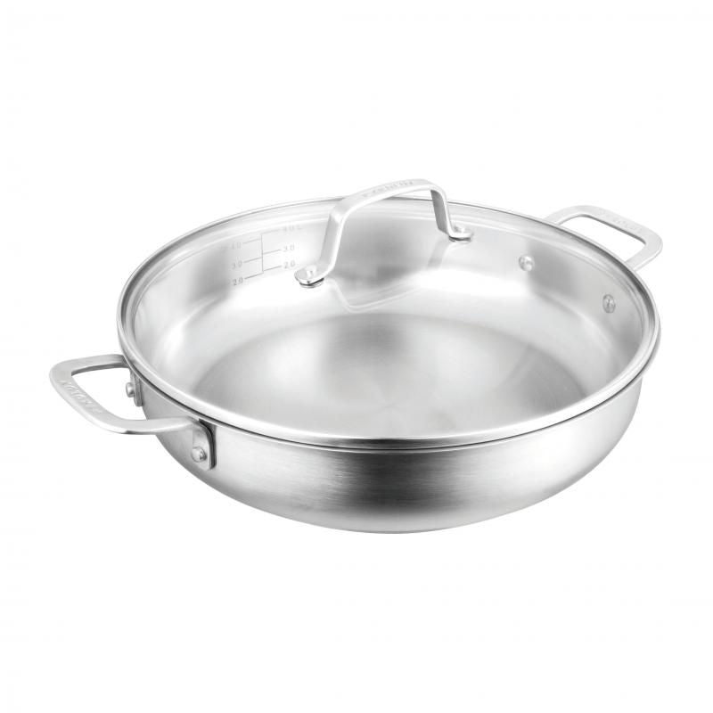 Pyrolux Radius 85 Chef Pan 30cm/4.5L in stainless steel with tempered glass lid, ideal for frying and simmering dishes.