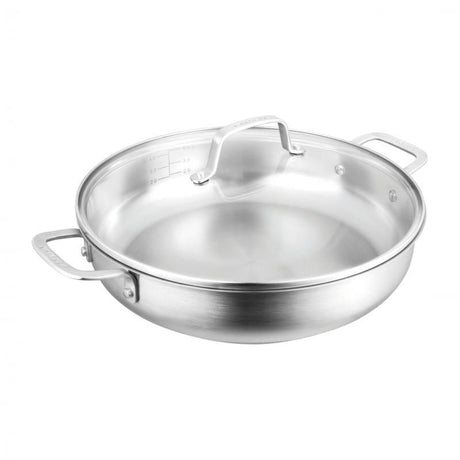 Pyrolux Radius 85 Chef Pan 30cm/4.5L in stainless steel with tempered glass lid, ideal for frying and simmering dishes.