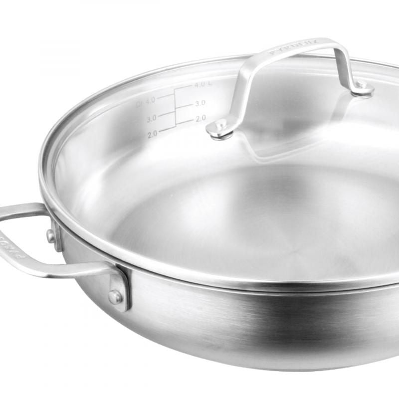 Stainless steel 30cm chef pan with tempered glass lid, non-reactive, rust-resistant, oven safe, perfect for all cooktops.