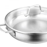 Stainless steel 30cm chef pan with tempered glass lid, non-reactive, rust-resistant, oven safe, perfect for all cooktops.