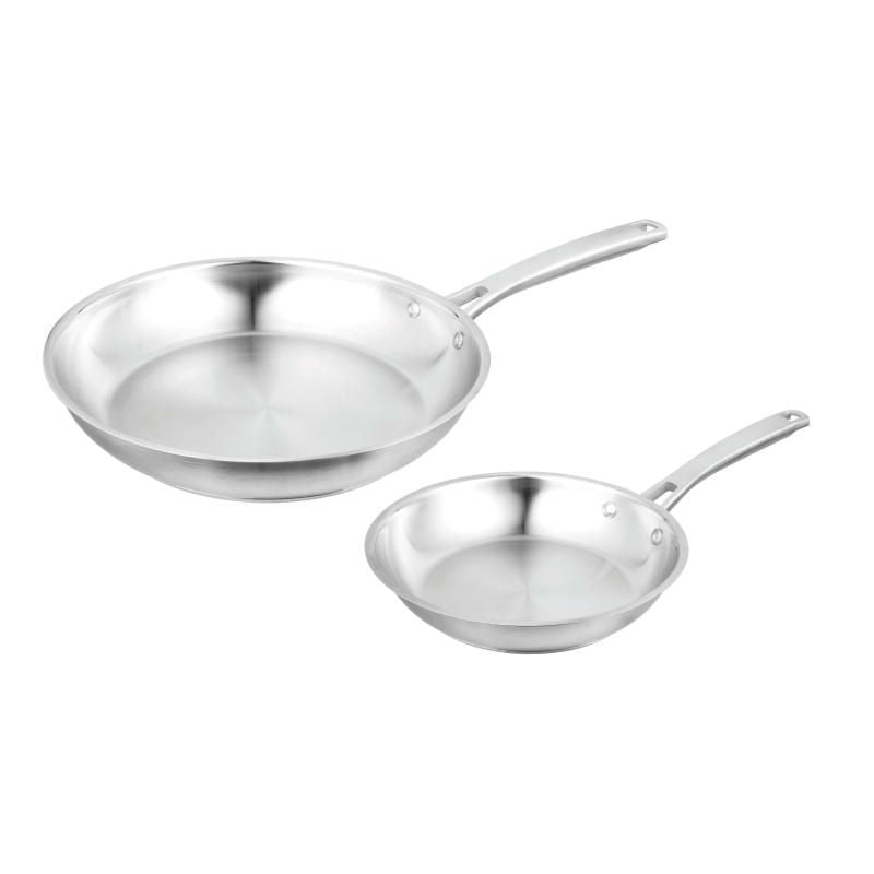 Pyrolux Radius 85 Frypan Set of 2 (20cm & 28cm) in stainless steel with ergonomic handles, ideal for versatile cooking.