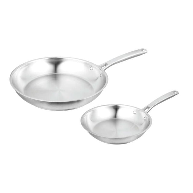 Pyrolux Radius 85 Frypan Set of 2 (20cm & 28cm) in stainless steel with ergonomic handles, ideal for versatile cooking.