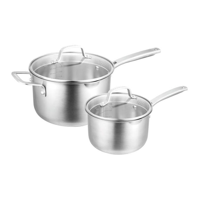 Pyrolux Radius 85 Saucepan Set of 2, 16cm and 20cm, stainless steel with tempered glass lids and dual straining holes.