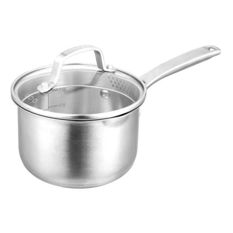 Two Pyrolux saucepans (16cm and 20cm) in stainless steel with glass lids, dual straining holes, and cool-touch handles for easy cooking.