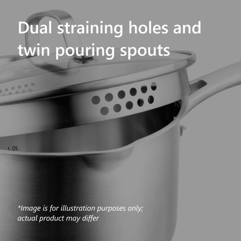 Pyrolux Radius 85 Saucepan Set of 2 in stainless steel with tempered glass lids, ideal for sauces and stews, featuring dual straining holes.