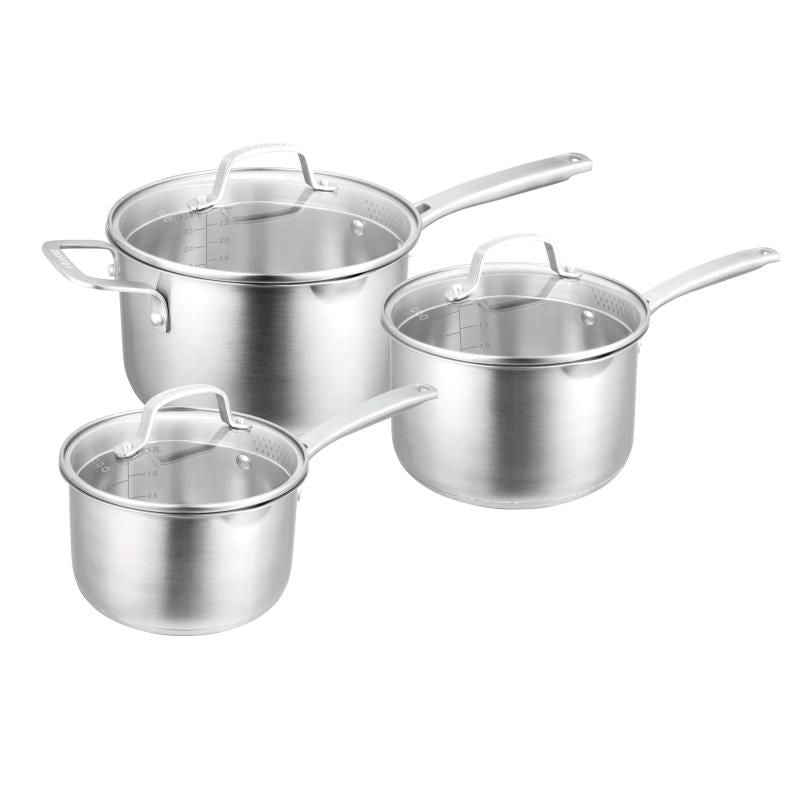 Set of three Pyrolux Radius 85 saucepans (16/18/20cm) in stainless steel with tempered glass lids and dual straining holes.