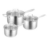 Set of three Pyrolux Radius 85 saucepans (16/18/20cm) in stainless steel with tempered glass lids and dual straining holes.