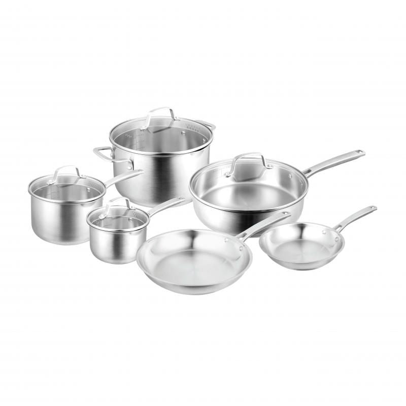 Set of six premium Pyrolux Radius 85 Cookware made of durable stainless steel, featuring ergonomic handles and tempered glass lids.