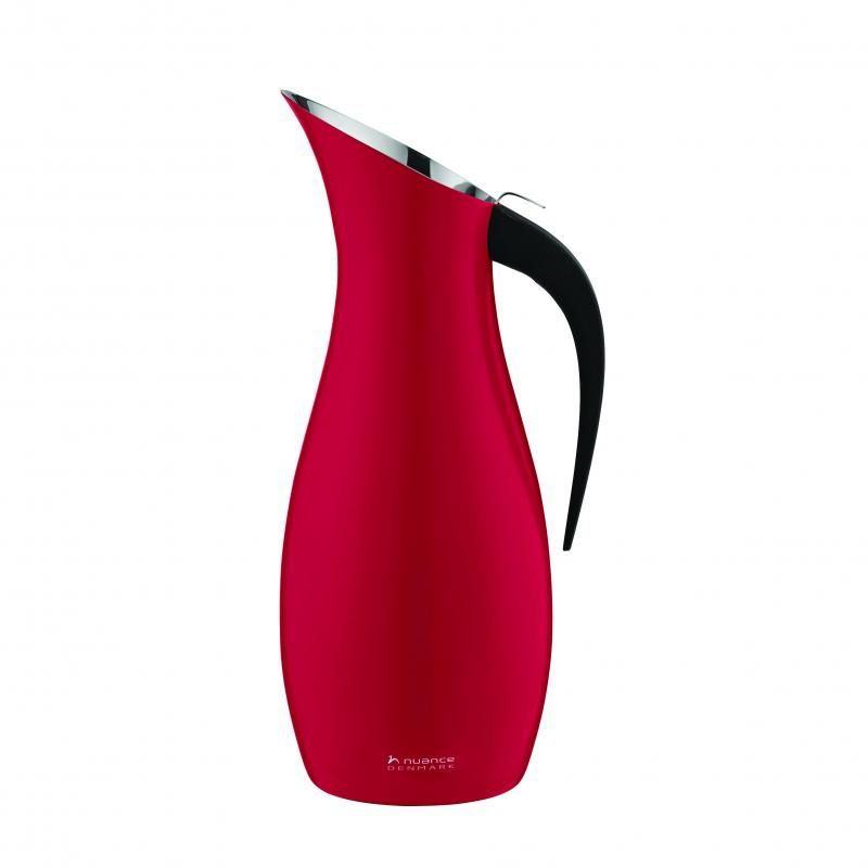 Nuance Penguin Water Pitcher in Garnet, stainless steel with ergonomic handle and removable ice filter for stylish hydration.