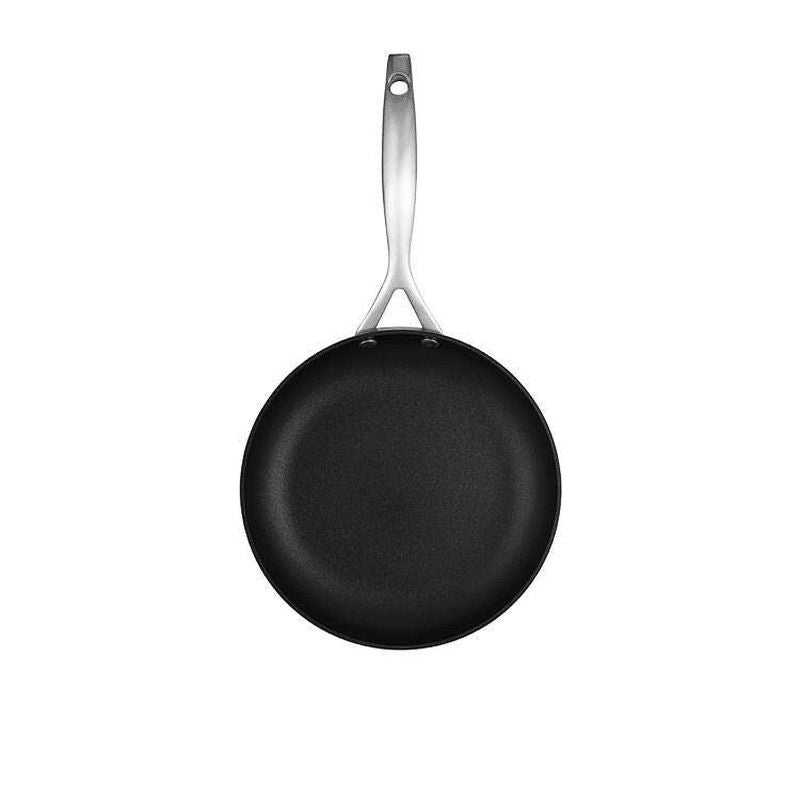 24cm SCANPAN CS Fry Pan featuring Stratanium+ non-stick tech, brushed stainless steel, ergonomic handle, and induction compatibility.