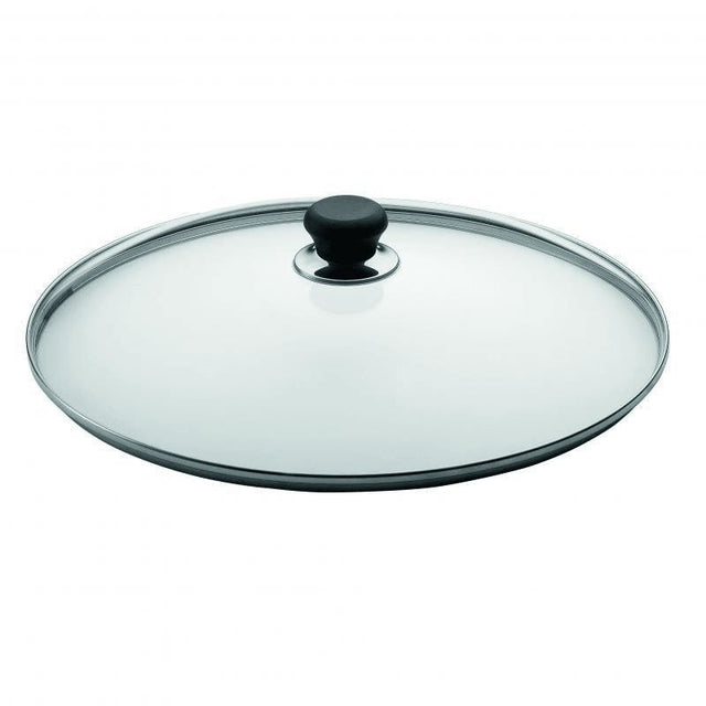 Scanpan Glass Lid 26cm with tempered glass, stainless steel trim, and bakelite knob for versatile cooking and monitoring.