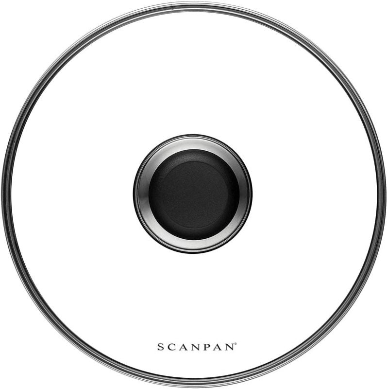 Scanpan Glass Lid 26cm featuring durable tempered glass and stainless steel trim, designed for versatile cooking and monitoring.