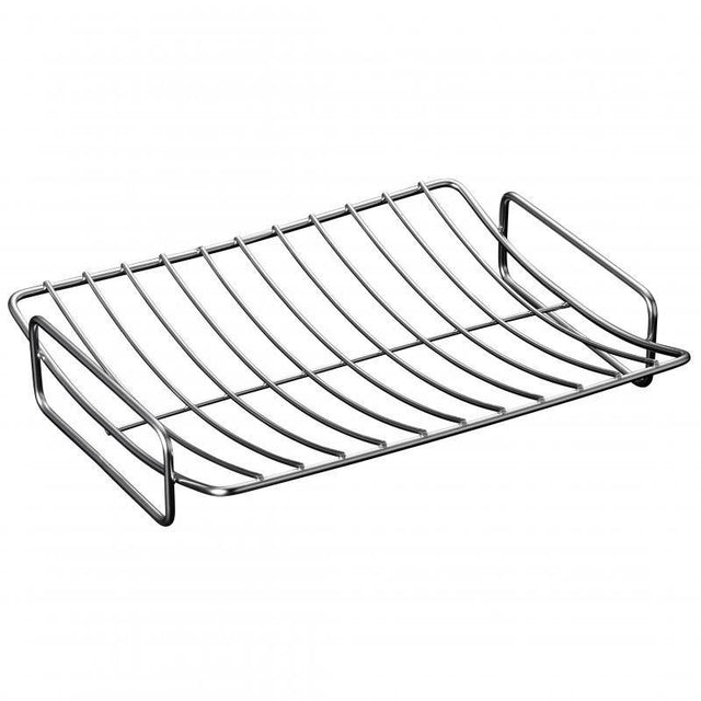 Scanpan stainless steel roasting rack, medium size 11x9x3 inches, oven safe to 500°F, dishwasher safe, stylish square handles.