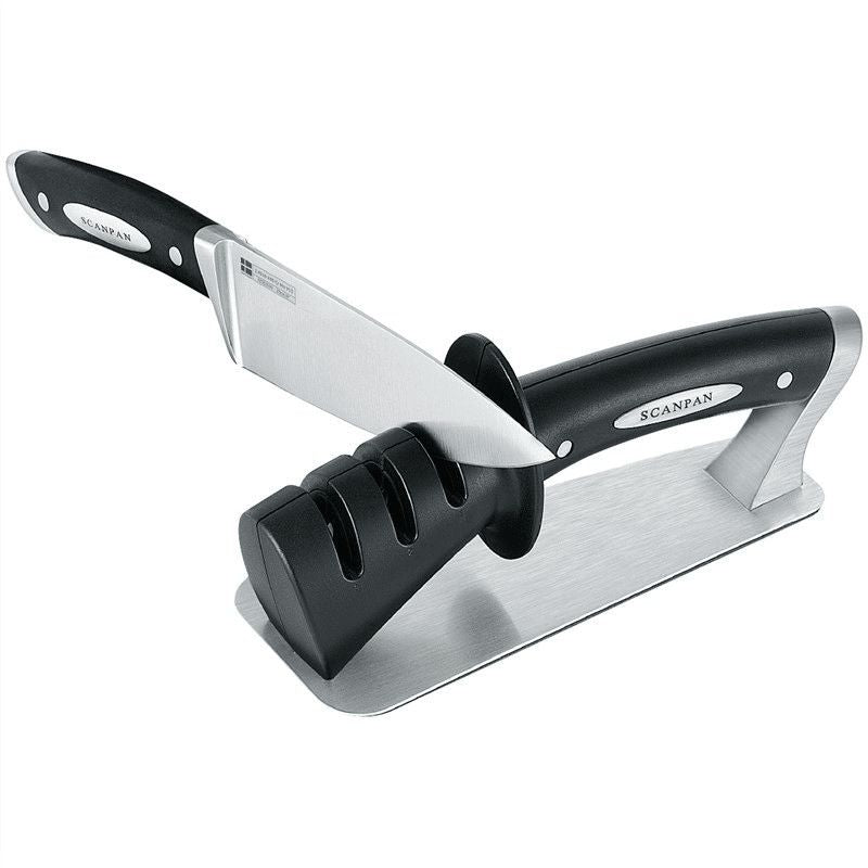 Scanpan Knife Sharpener 3 Step with three-stage process for maintaining razor-sharp kitchen knives easily and efficiently.