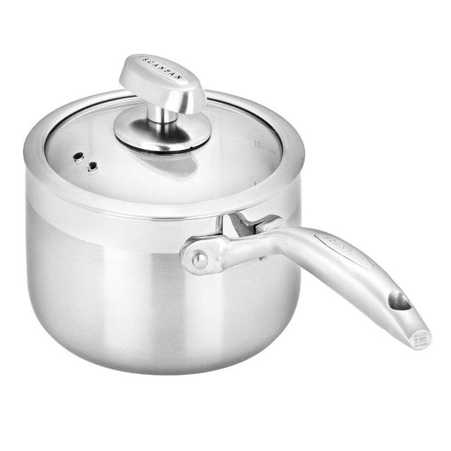 Scanpan 16cm saucepan with 1.8L capacity, 5-layer construction, stainless steel, oven-safe, dome lid with steam vents.