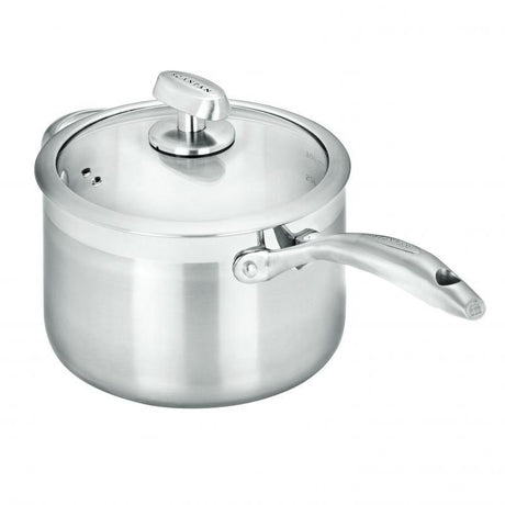 Scanpan Clad 20cm Saucepan featuring a 5-layer stainless steel design, ergonomic handle, and tempered glass lid for versatile cooking.