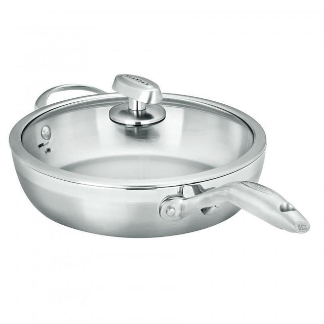 Scanpan Clad 5 30cm sauté pan with 5-layer stainless steel for even heat, dome glass lid, and induction compatibility.