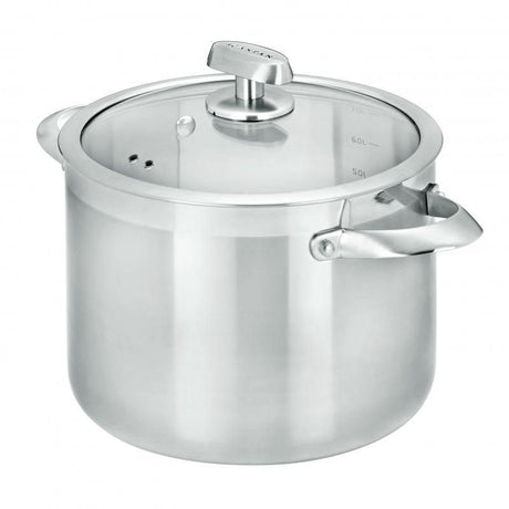 Scanpan Clad 5 24cm Stockpot in stainless steel with 5-layer construction, glass lid, and ergonomic handles for versatile cooking.