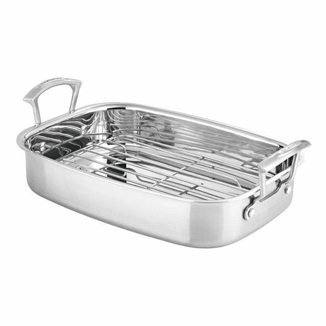 Scanpan Induction Roaster with Rack in stainless steel, perfect for even cooking of meats and vegetables, featuring durable handles.