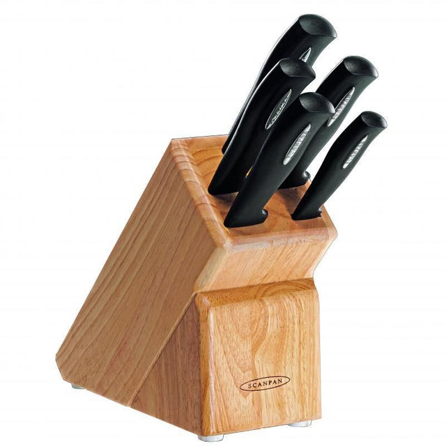 Scanpan Knife Block 6 Pieces Set featuring ergonomic handles and durable German steel, elegantly housed in a Beechwood block.