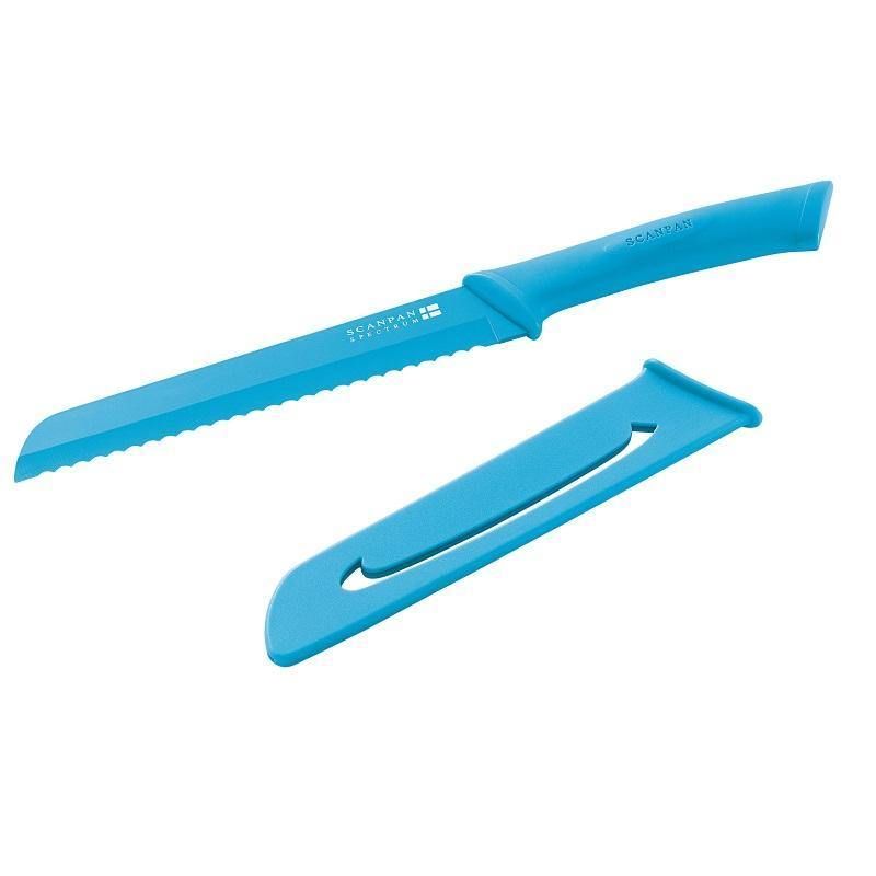 Vibrant blue Scanpan Spectrum Bread Knife with durable carbon stainless steel blade and comfortable soft-touch handle.