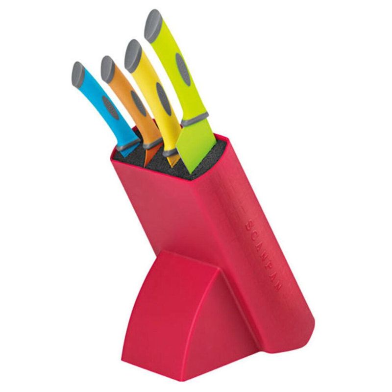 Vibrant 5-piece Scanpan Spectrum Knife Block Set featuring essential kitchen knives with ergonomic handles and protective block.