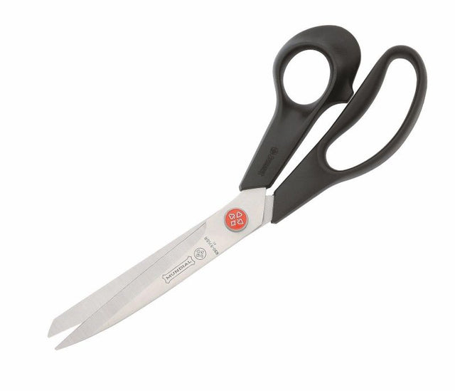 Heavy-duty 9.5" Mundial Tailors Shears with matte black handles, ideal for cutting multiple layers and heavy fabrics.