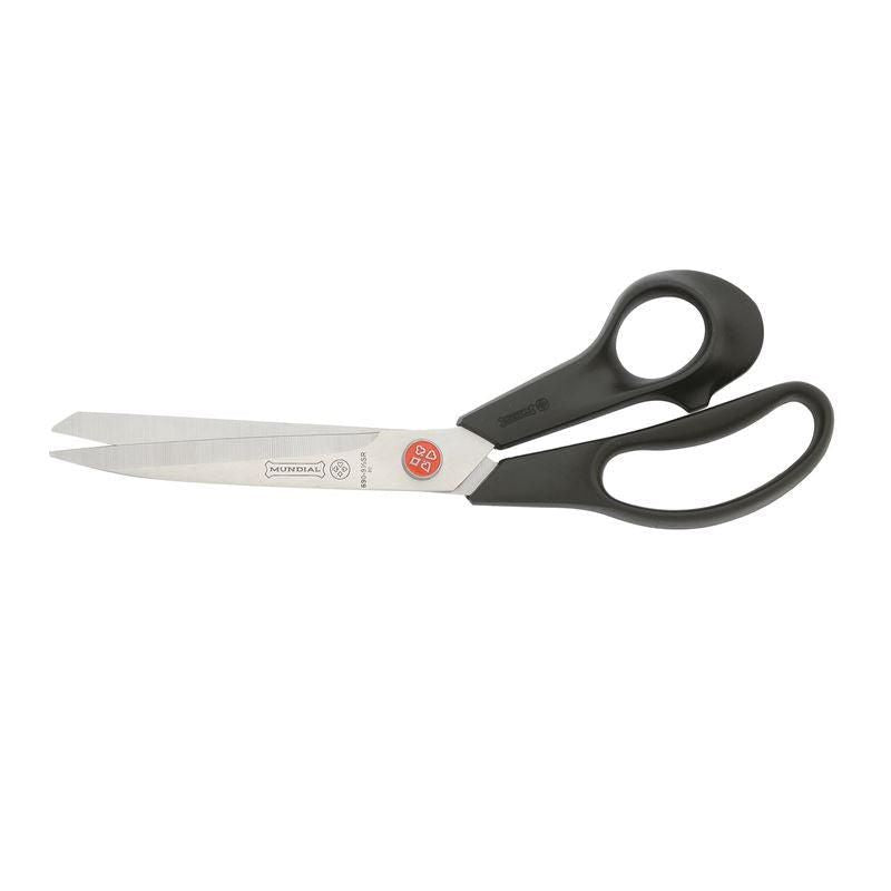 Mundial Tailors Shear Heavy Duty Black: 9 1/2" dressmaker shears with stainless steel blades, ideal for precise cutting of heavy fabrics.