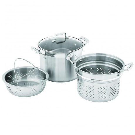 SCANPAN Multi Pot Set featuring a durable stainless steel stockpot, tempered glass lid, and versatile cooking accessories.