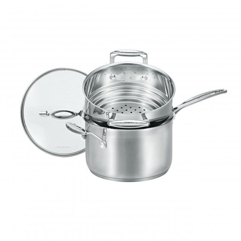 Scanpan saucepan and multi steamer set featuring durable stainless steel, aluminum base, glass lid, and riveted handles.