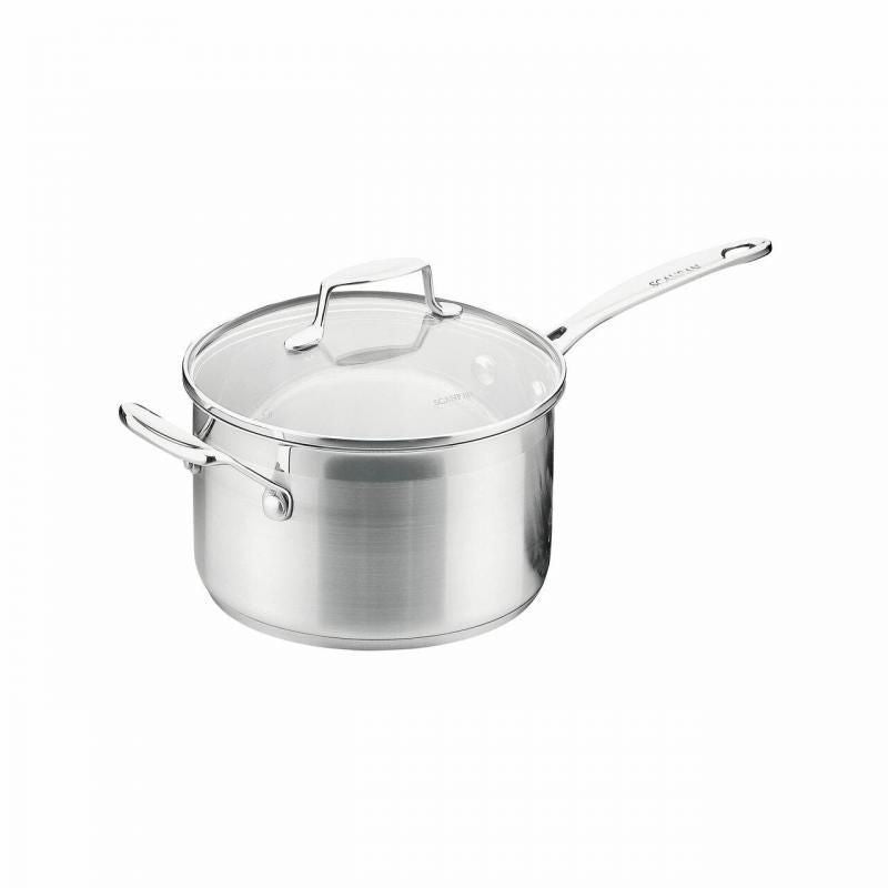 Scanpan Saucepan with Multi Steamer set featuring durable stainless steel, aluminum base, and glass lid for versatile cooking.