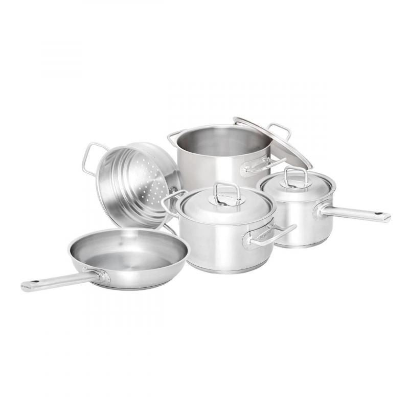 Scanpan 5-piece cookware set featuring stainless steel pots, pans, and a universal steamer for versatile, professional cooking.