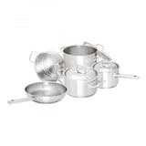 Scanpan 5-piece cookware set featuring stainless steel pots, pans, and a universal steamer for versatile, professional cooking.