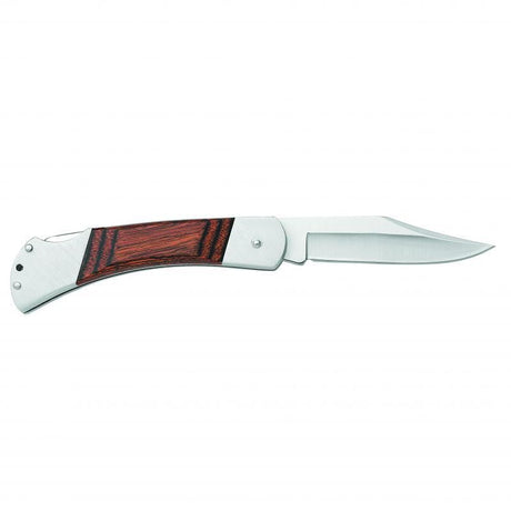 Excalibur Manor 105mm folding pocket knife with wood grip, stainless steel blade, and secure lock-open feature for outdoor use.