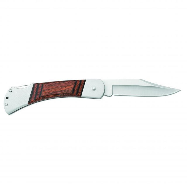 Excalibur Manor 105mm folding pocket knife with wood grip, stainless steel blade, and secure lock-open feature for outdoor use.