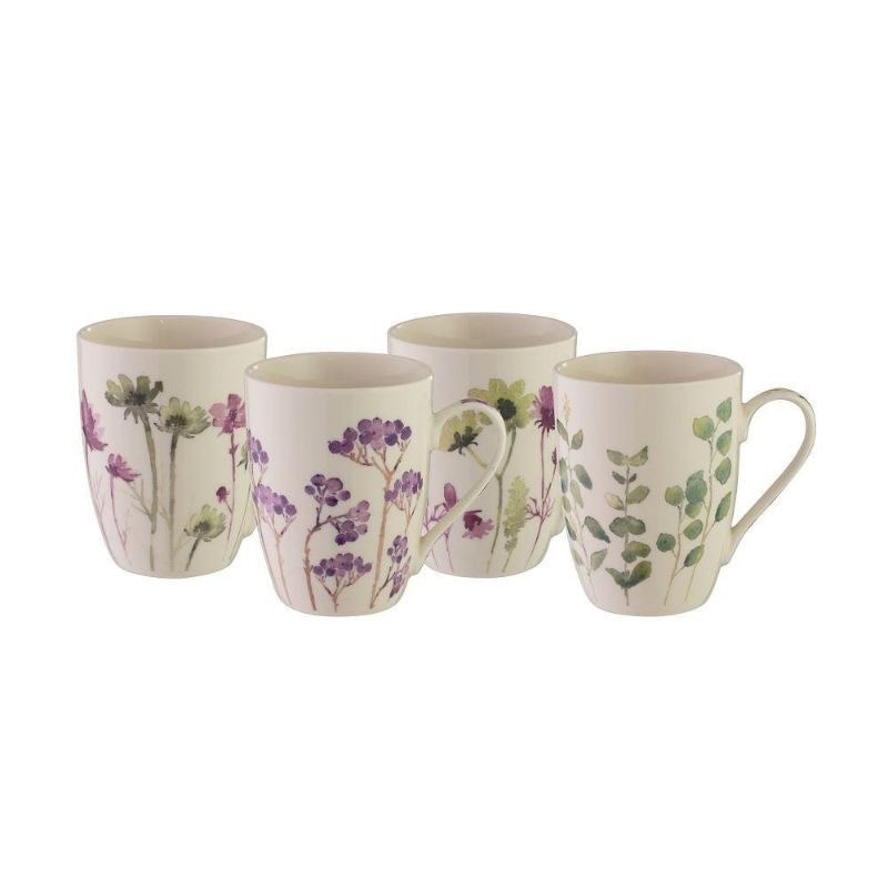 Set of 4 elegant botanical mugs in coupe shape, made from New Bone China, perfect for tea and coffee, microwave and dishwasher safe.